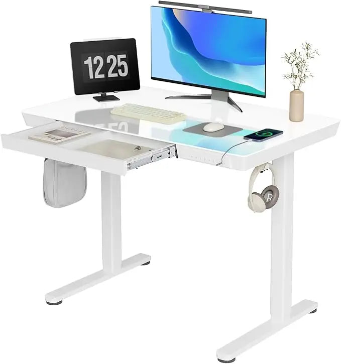 Glass Standing Desk with Drawers, 40 Inch Adjustable Stand Up Desk, Quick Install Home Office Computer Desk with USB Ports, Blac