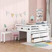 Playful Design Full Size Low Loft Bed with Slide and 3 Storage Drawers, Multiple Functions Wooden Loft Bed Frame with 2 Doors fo