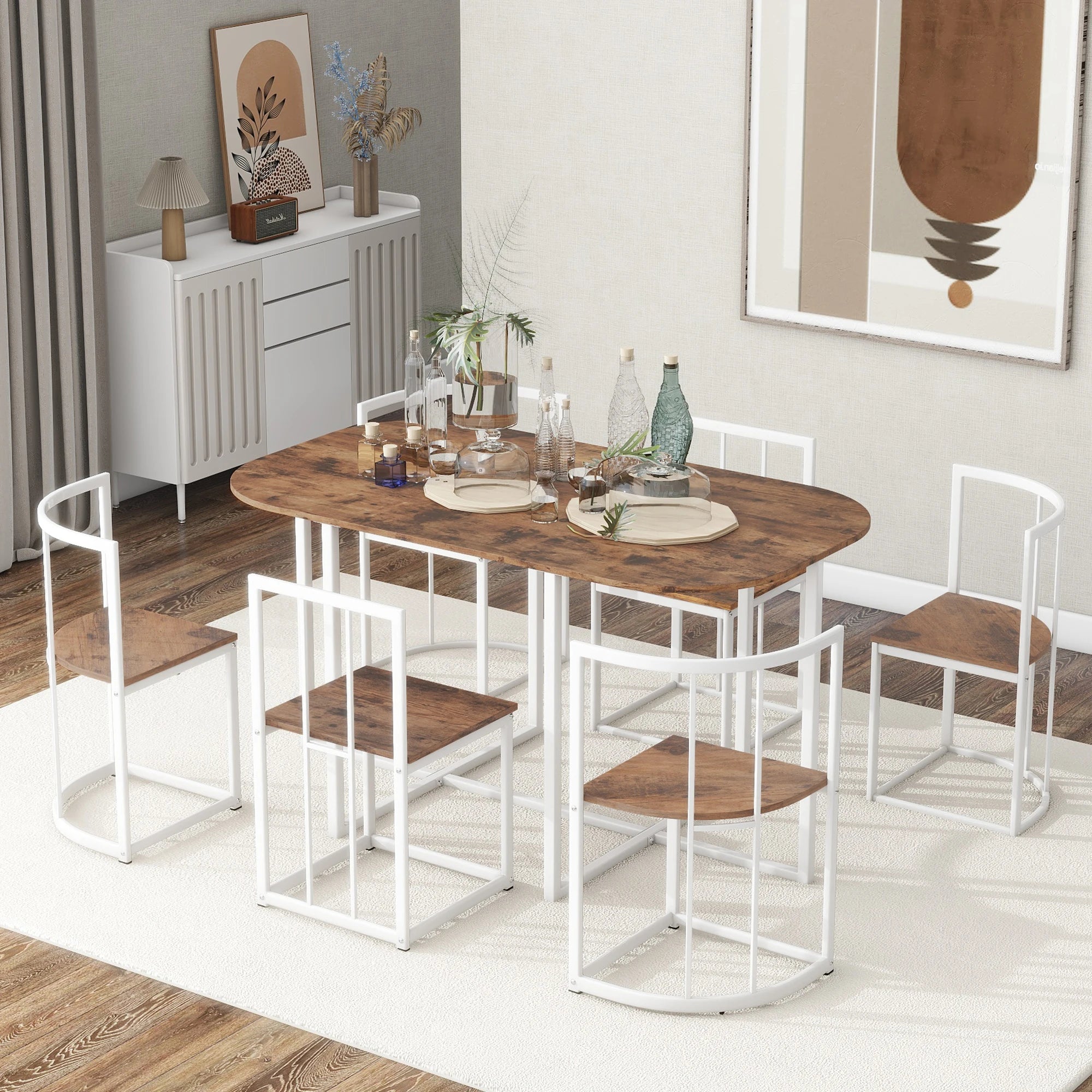 TOPMAX Modern 7-Piece Dining Table Set with Faux Marble Compact 55Inch Kitchen Table Set for 6
