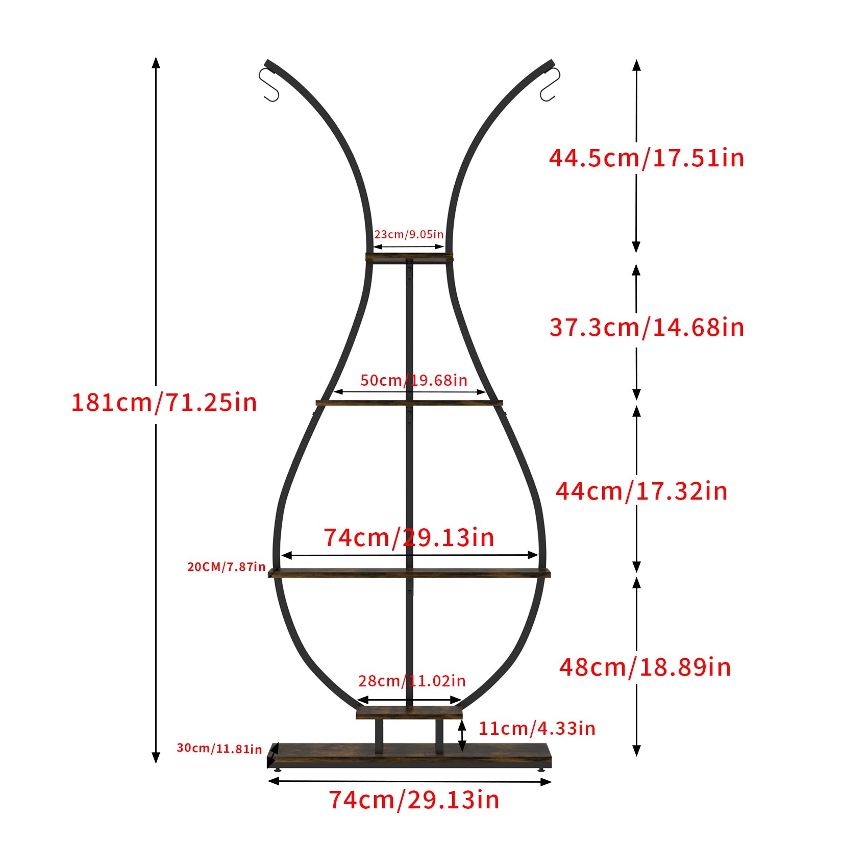 Vase Shape Tall Planter Display Rack Metal Garden Plant Stand with 5 Tiers and Hangers