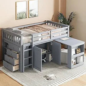 Playful Design Full Size Low Loft Bed with Slide and 3 Storage Drawers, Multiple Functions Wooden Loft Bed Frame with 2 Doors fo