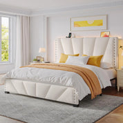 Queen Size LED Platform Bed Frame with Velvet Headboard, Charging Station & RGB LED Lights