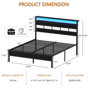 Satifur Full/Queen Size Bed Frame with LED Light and Charging Station, Wood Storage Headboard with 2-Tier Shelves,Metal Platform