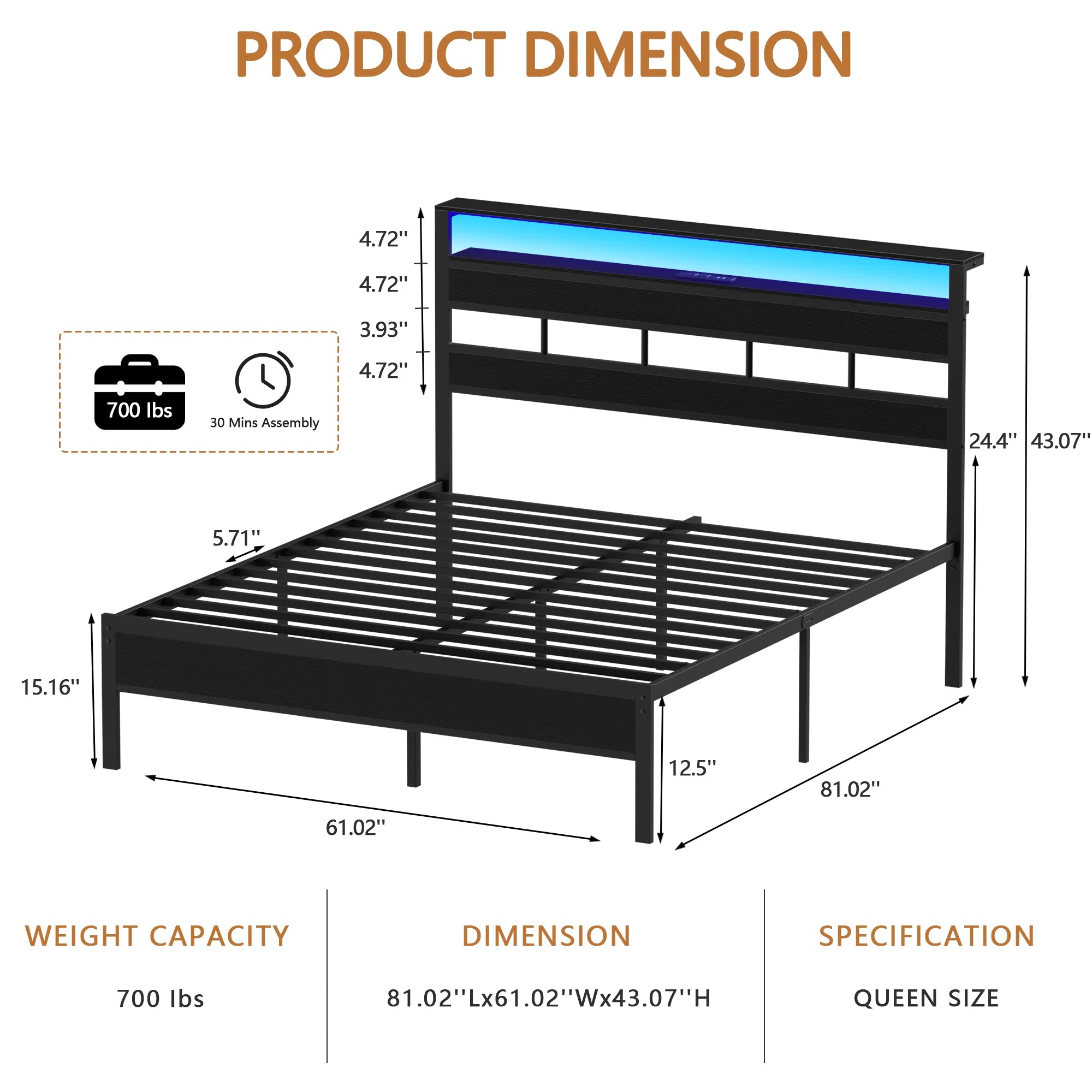Queen Size Bed Frame with LED Light and Charging Station, Wood Storage Headboard with 2-Tier Shelves,Metal Platform