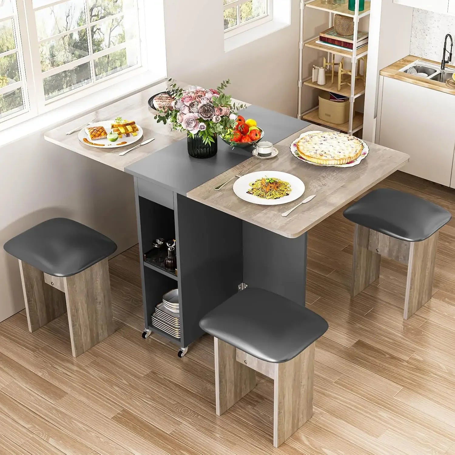 Folding Dining Table Set for 4, 4 Leather Chairs & Shelves – Foldable with 6 Wheels, Space-Saving Design