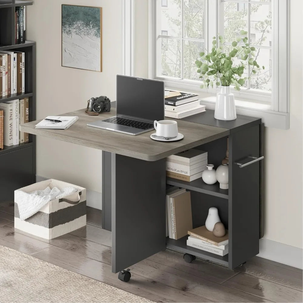 Space Saving Folding Dining Table with 2 Tier Storage-Extendable Drop Leaf Farmhouse Kitchen Dining Room Tables Set for 4