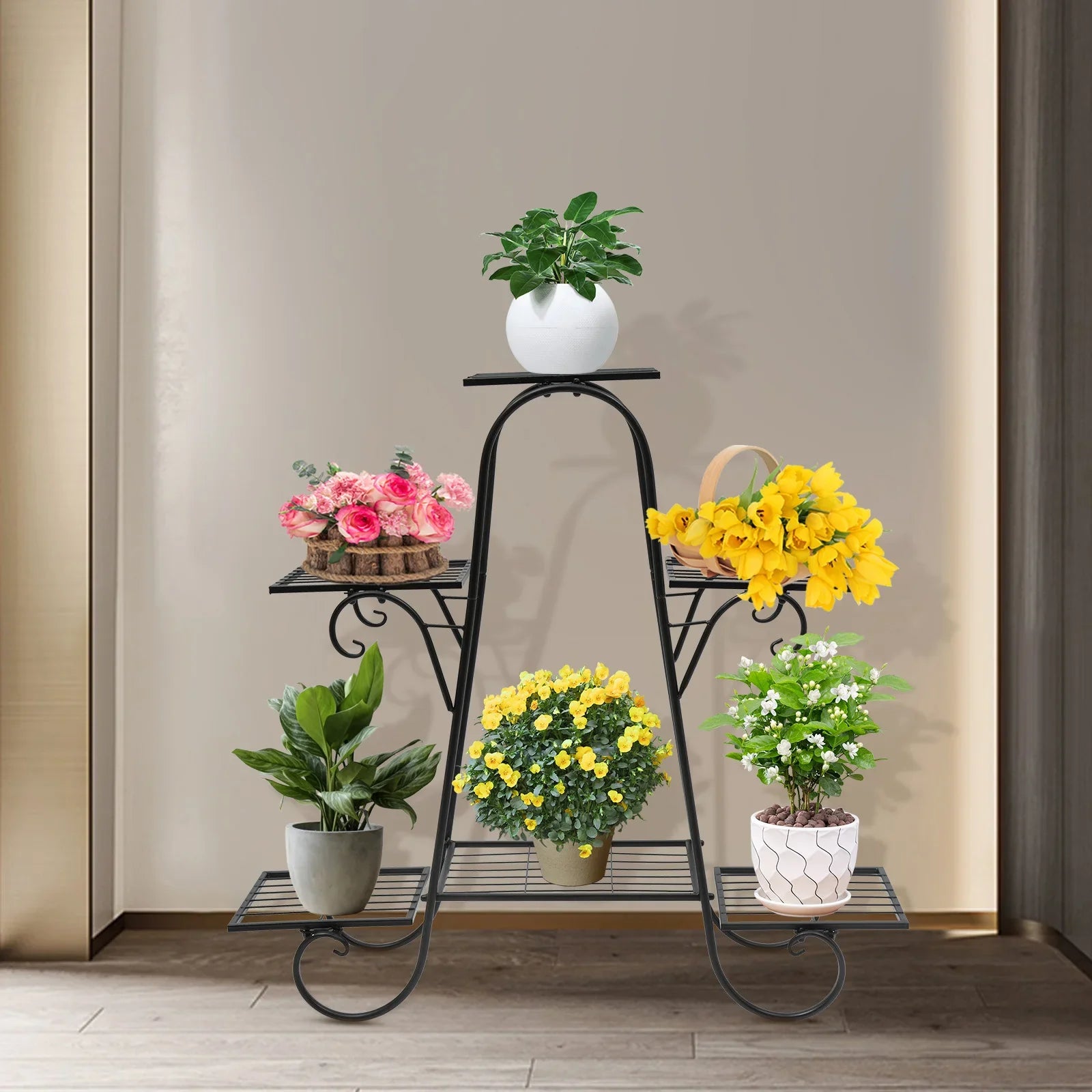 Modern Nordic Style Iron Square Plant Stand, 6-Tier Black Baking Lacquer Shelf, Holder for Plants Decor, Max Load 10kg per Tier