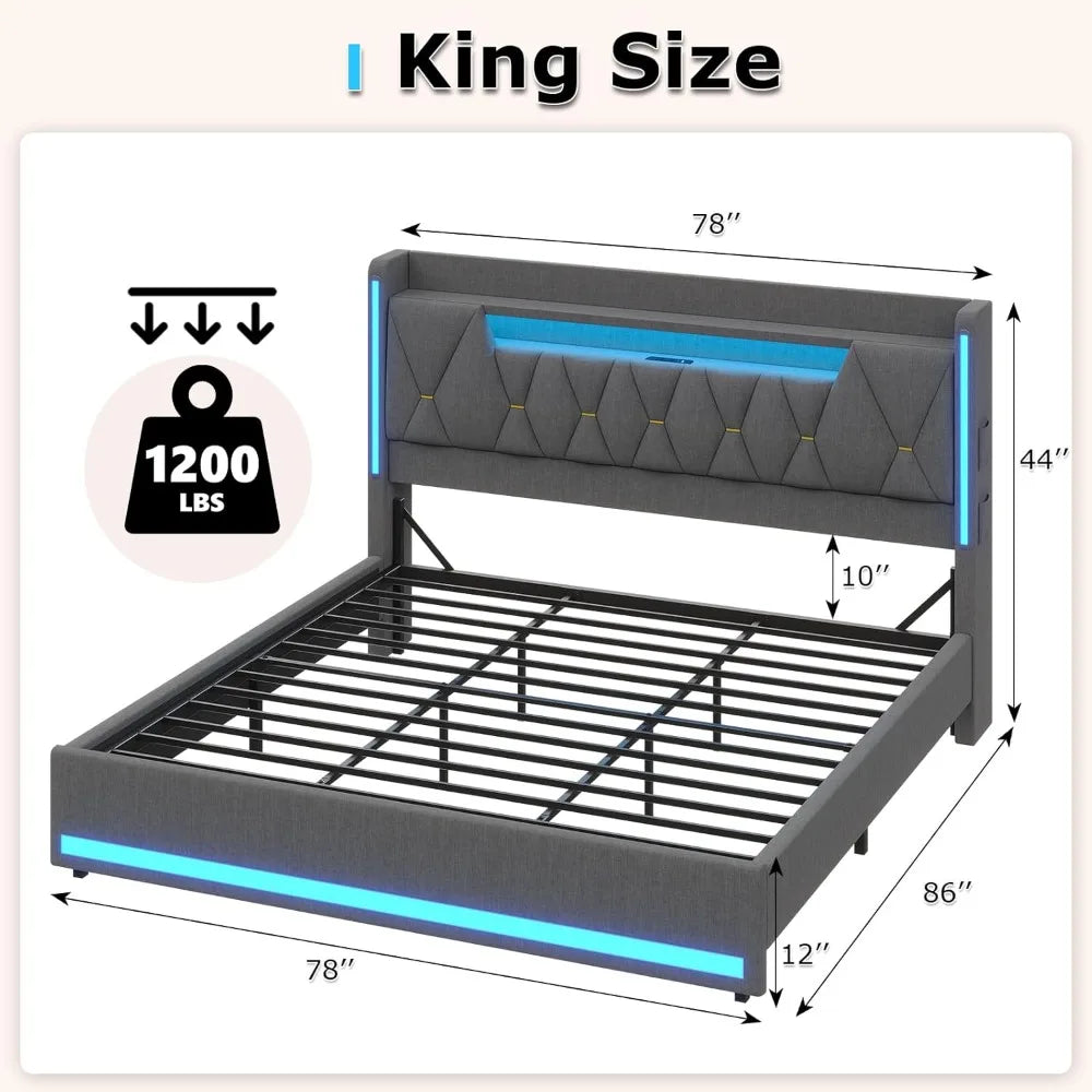 King Size Bed Frame with Marshmallow Headboard and Storage, Metal Bed Frame with LED Lights & Charging Station, Upholstered Plat