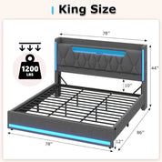 King Size Bed Frame with Marshmallow Headboard and Storage, Metal Bed Frame with LED Lights & Charging Station, Upholstered Plat