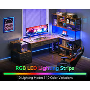 79 Inch L Shaped Desk with File Drawers, Reversible L Shaped Gaming Desk with Power Outlets & LED Lights, Computer Desk