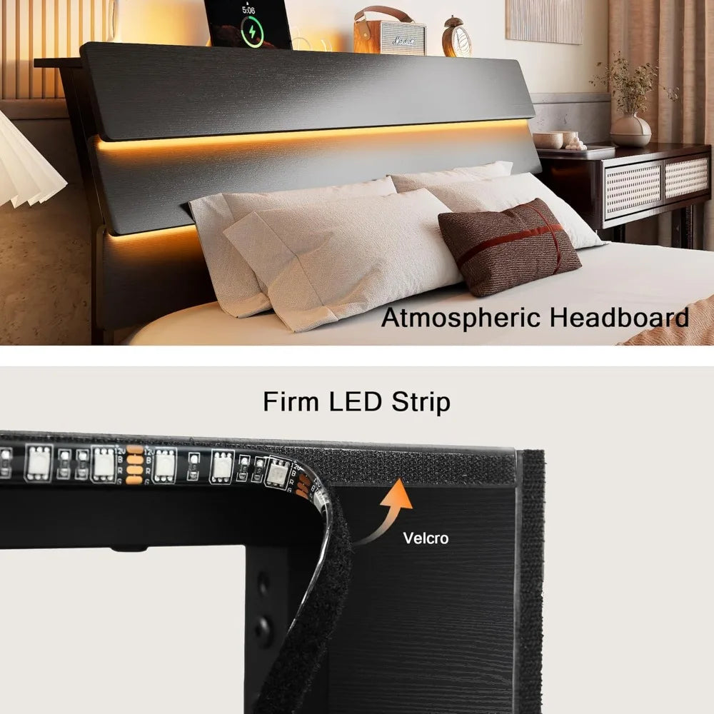Floating Bed Frame King Size with Led Headboard and Charging Station, Metal Platform Bed Base with Storage, Remote Control, Heav