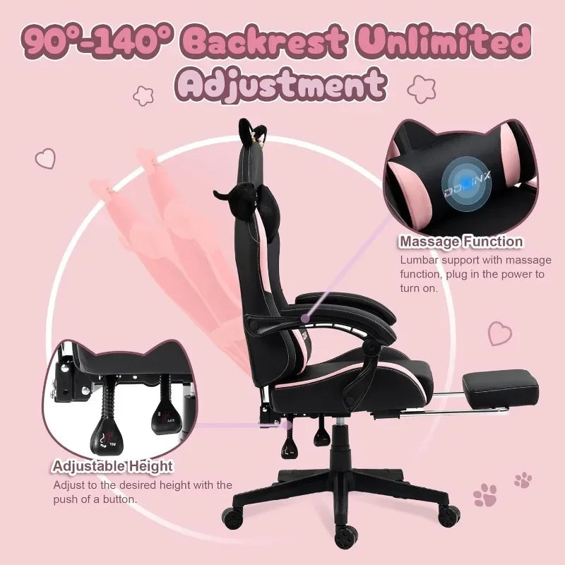 Dowinx Gaming Chair Cute with Cat Ears and Massage Lumbar Support, Ergonomic Computer Chair for Girl with Footrest and Headrest