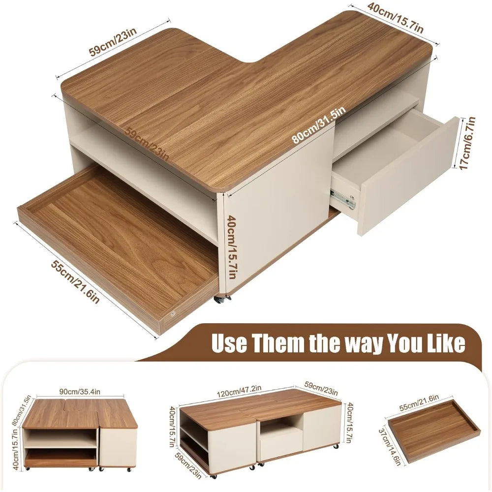 FurnishSpot Convertible Coffee Table Set with Storage & Casters | Modular Walnut Center Tables