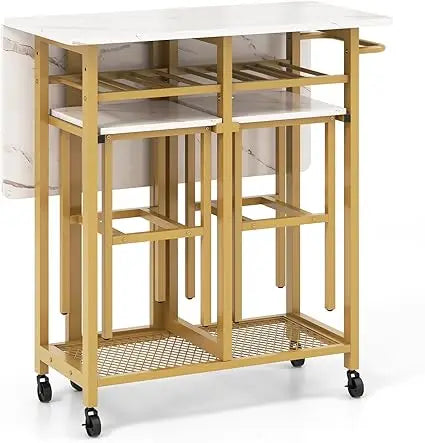 3-Piece Foldable Dining Table Set, Extendable Dining Table & 2 Stools Set w/ 6-Bottle Wine Rack, Side Pushing Handl