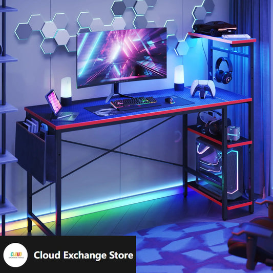 52 inch Gaming Computer Desk with LED Lights & Shelves Carbon Fiber, Reversible desk