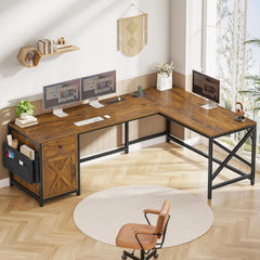 63" L Shaped Farmhouse Convertible Desk with Drawer, Power Strip & Storage Cabinet