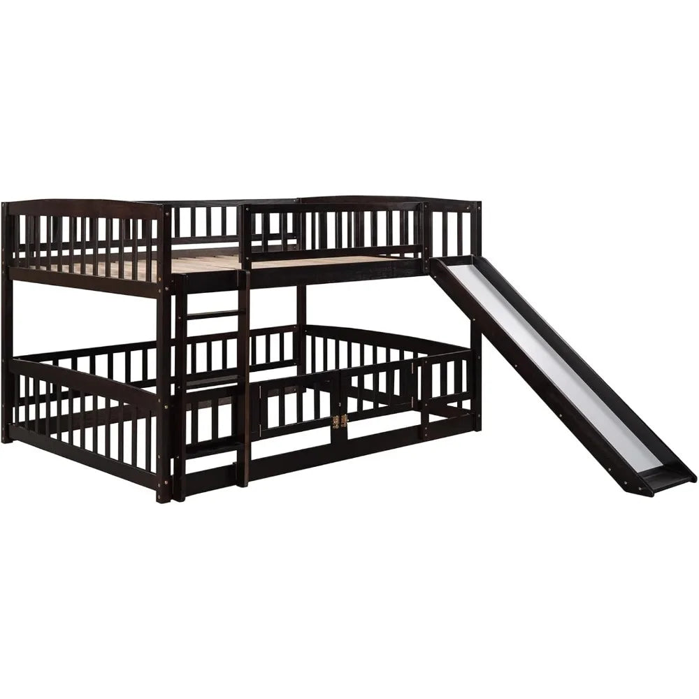 Full Over Full Low Bunk Bed with Slide and Fence Railings Wood Floor Bunk Beds with Ladder for Toddler Kids Boys Girls, Espresso