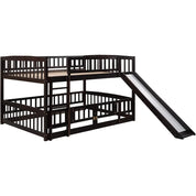 Full Over Full Low Bunk Bed with Slide and Fence Railings Wood Floor Bunk Beds with Ladder for Toddler Kids Boys Girls, Espresso