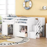 Playful Design Full Size Low Loft Bed with Slide and 3 Storage Drawers, Multiple Functions Wooden Loft Bed Frame with 2 Doors fo