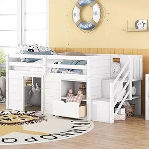 Playful Design Full Size Low Loft Bed with Slide and 3 Storage Drawers, Multiple Functions Wooden Loft Bed Frame with 2 Doors fo