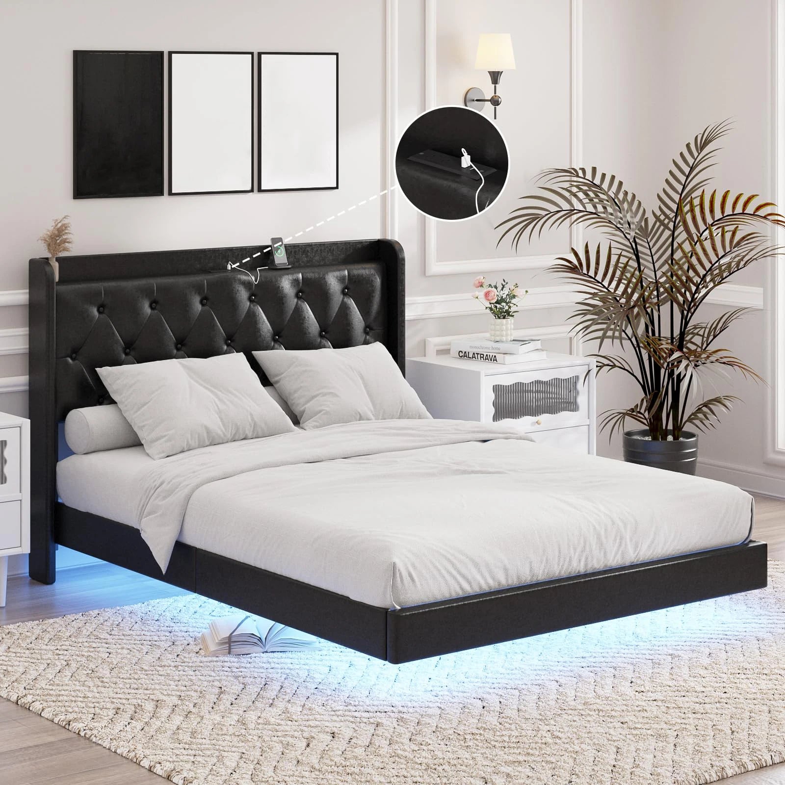 Vabches Floating Queen Bed Frame with LED Lights Upholstered PU Leather Platform Bed Frame with Power Outlet Storage Headboard