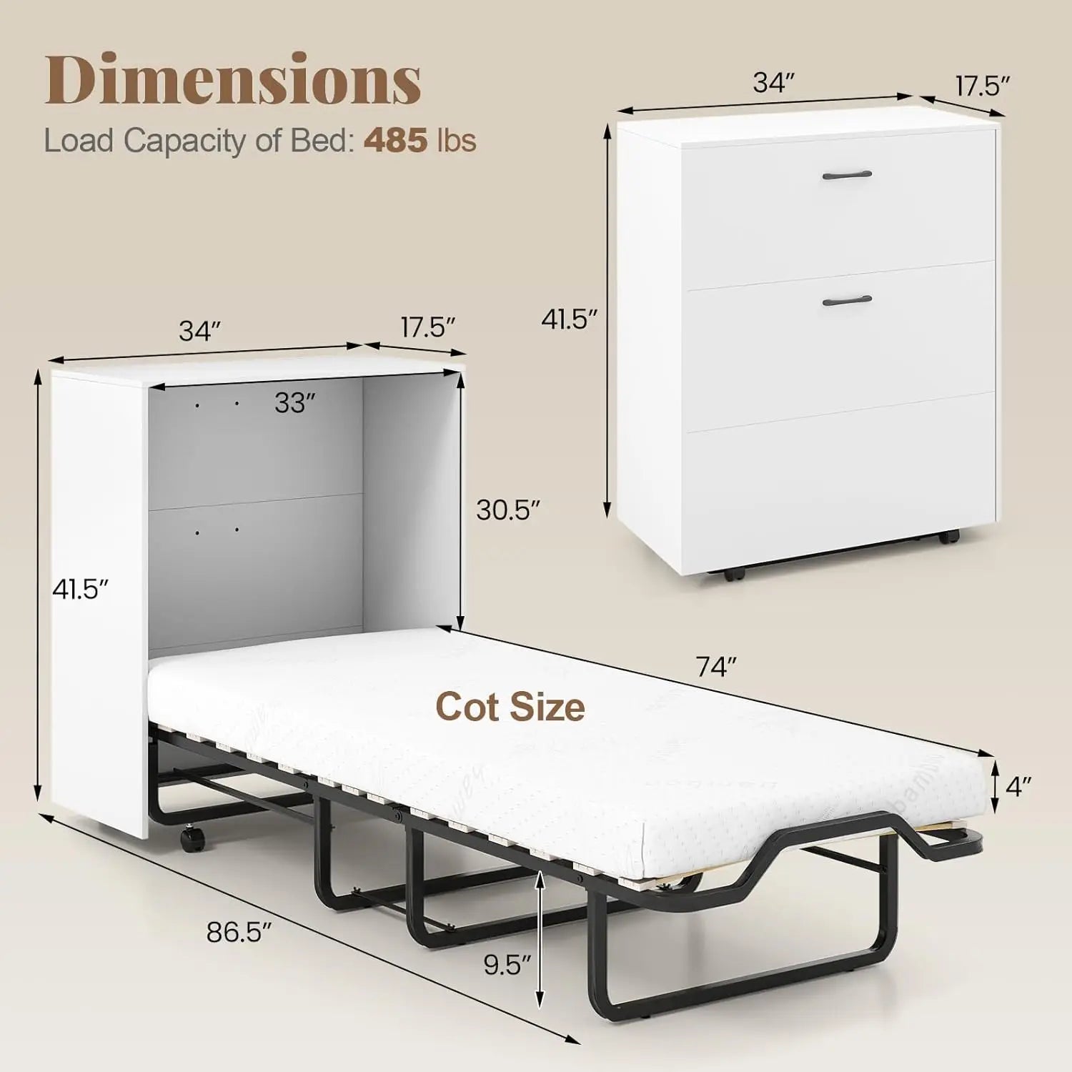 FurnishSpot™ Rolling Murphy Bed Cabinet with Mattress & Lockable Wheels