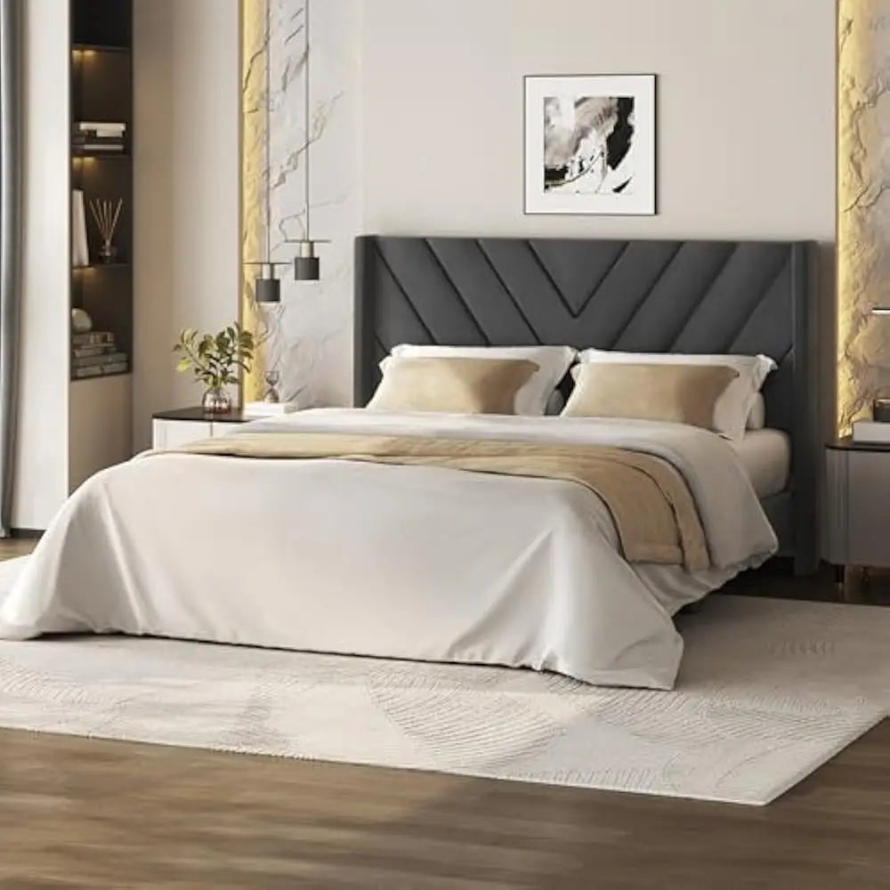 Bed Frame Upholstered Platform Bed w/Wing Side/Wooden Slat Support/Tufted Headboard w/Wing Side, No Box Spring Needed