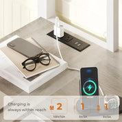 Loft Bed Twin Size with L-Shaped Desk and Storage Shelves, Metal Loft Bed Frame with Power Outlet, LED Lights, 3 Fabric Drawers,