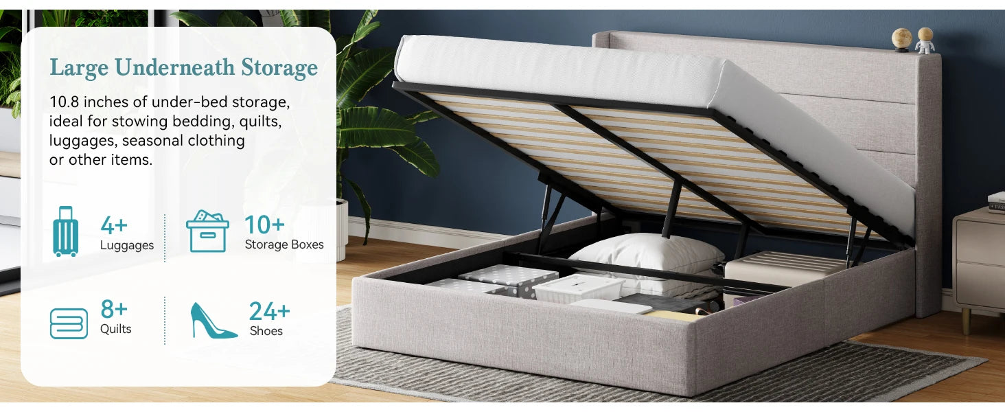 Lift Up Storage Bed with Wingback Headboard and Large Underneath Storage