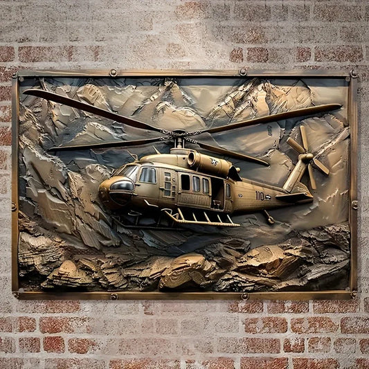 Vintage Military Helicopter Metal Wall Art Sign - Iron Decor for Home & Office, Retro Style, Multilingual, 1pc