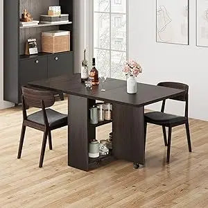 Folding Dining Table, Drop Leaf Dining Table for 4, Foldable Kitchen Table with 6 Wheels and 2 Storage Shelf, Space Saving Tabl