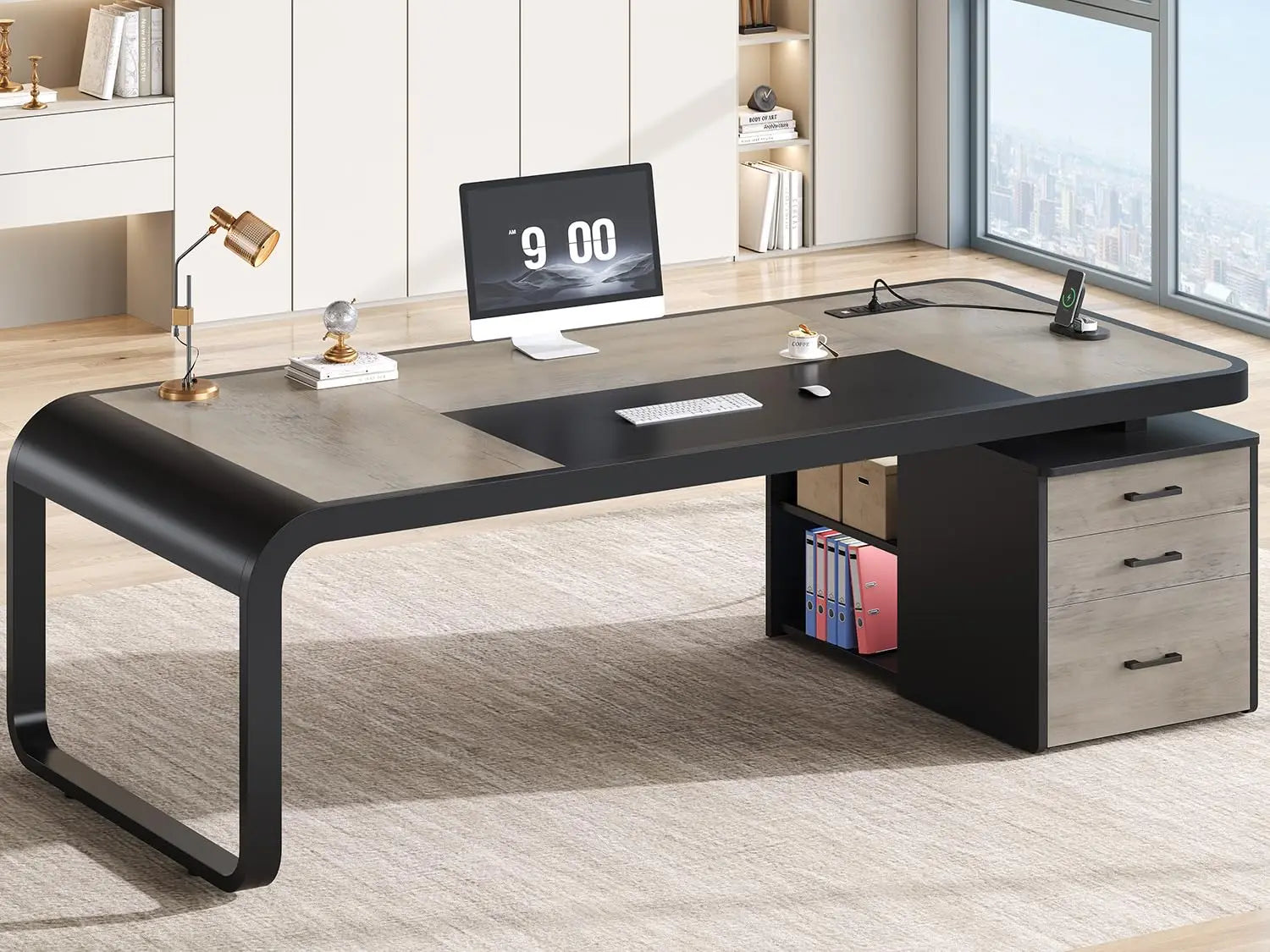 FurnishSpot® Modern Executive Desk with Storage Cabinet, File Drawer & Built-In Charging Station