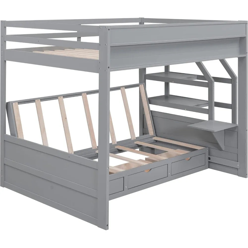 Full/Double Bunk Beds with Stairs, Built-in Small Shelf, and 3 Drawers