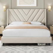 Bed Frame Upholstered Platform Bed w/Wing Side/Wooden Slat Support/Tufted Headboard w/Wing Side, No Box Spring Needed