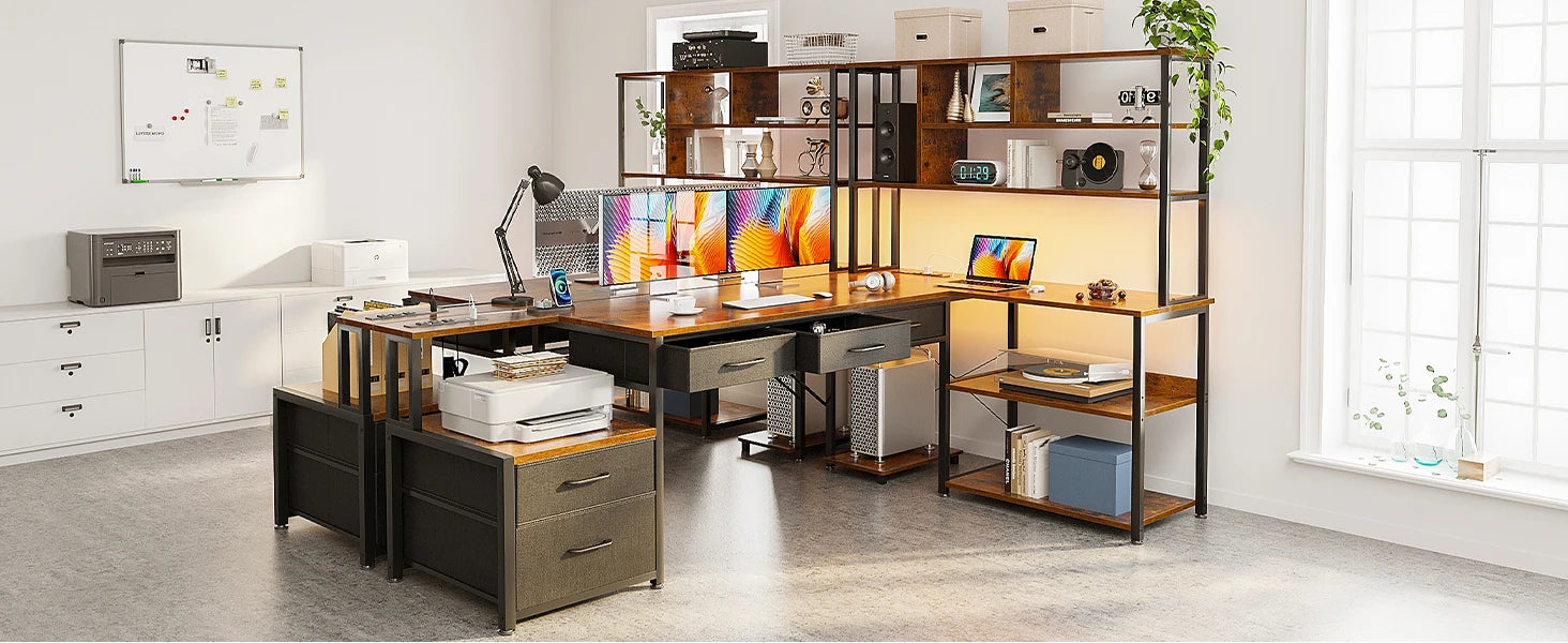 79 Inch L Shaped Desk with File Drawers, Reversible L Shaped Gaming Desk with Power Outlets & LED Lights, Computer Desk