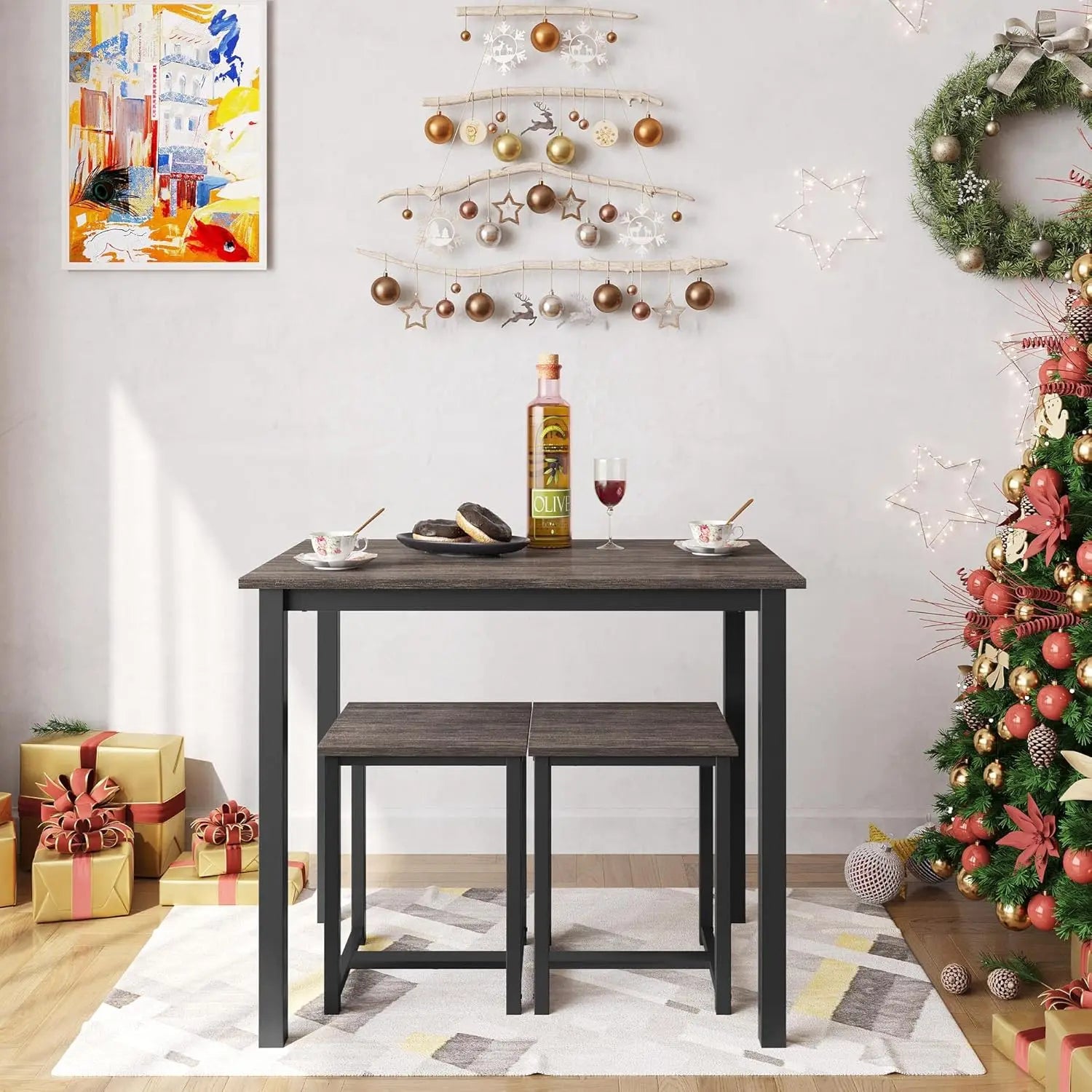 Dining Table Set - Kitchen Table & Chair Sets for 2 - Compact Table W/ 2 Stools & Space Saving Design for Dining Room