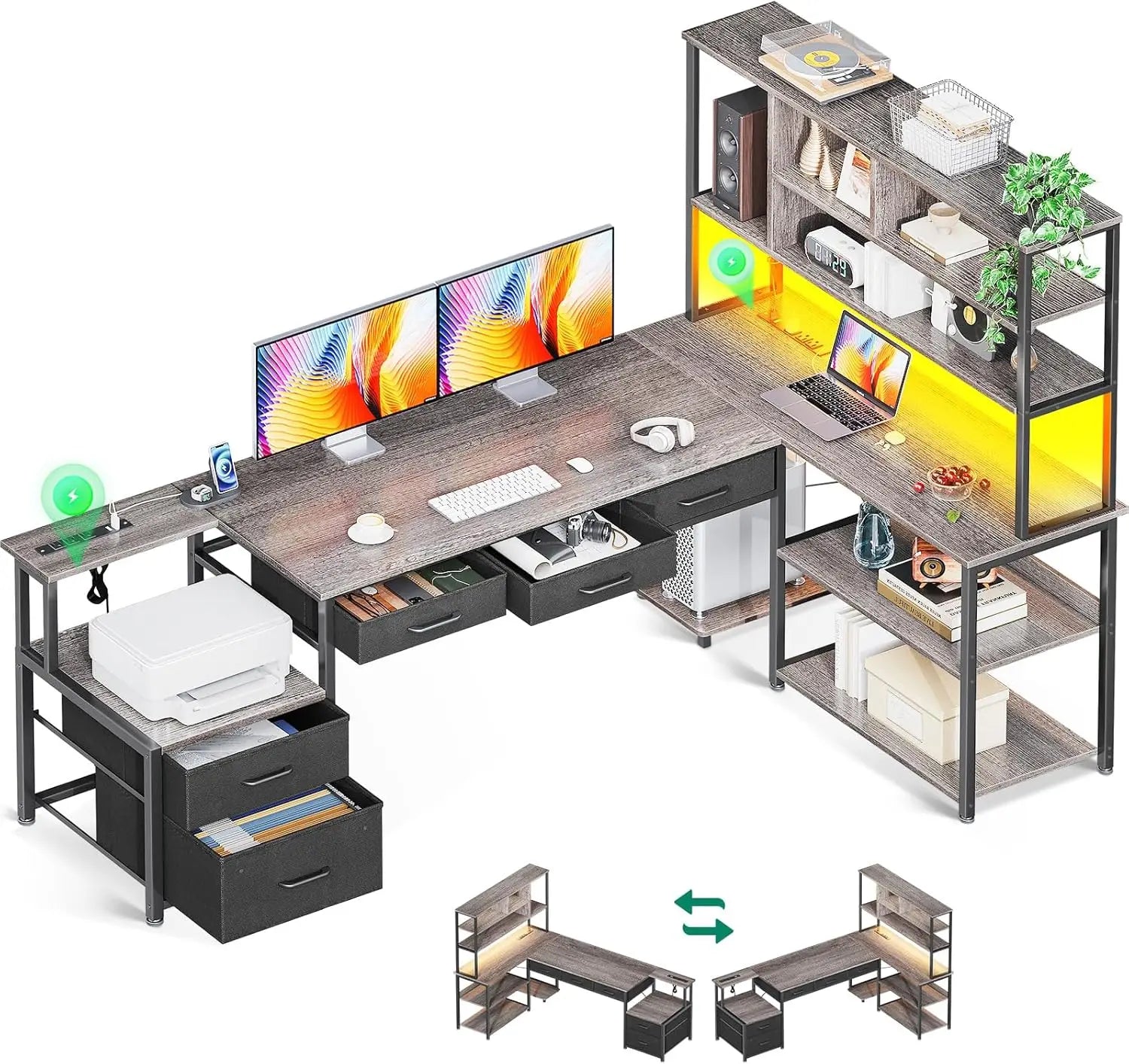 79 Inch L Shaped Desk with File Drawers, Reversible L Shaped Gaming Desk with Power Outlets & LED Lights, Computer Desk