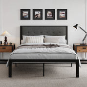 HOOMIC Metal Bed Frame, Upholstered Headboard with Square Stitched, Classic Button Tufted, Faux Leather, No Box Spring Needed
