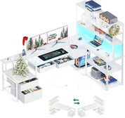 79 Inch L Shaped Desk with File Drawers, Reversible L Shaped Gaming Desk with Power Outlets & LED Lights, Computer Desk