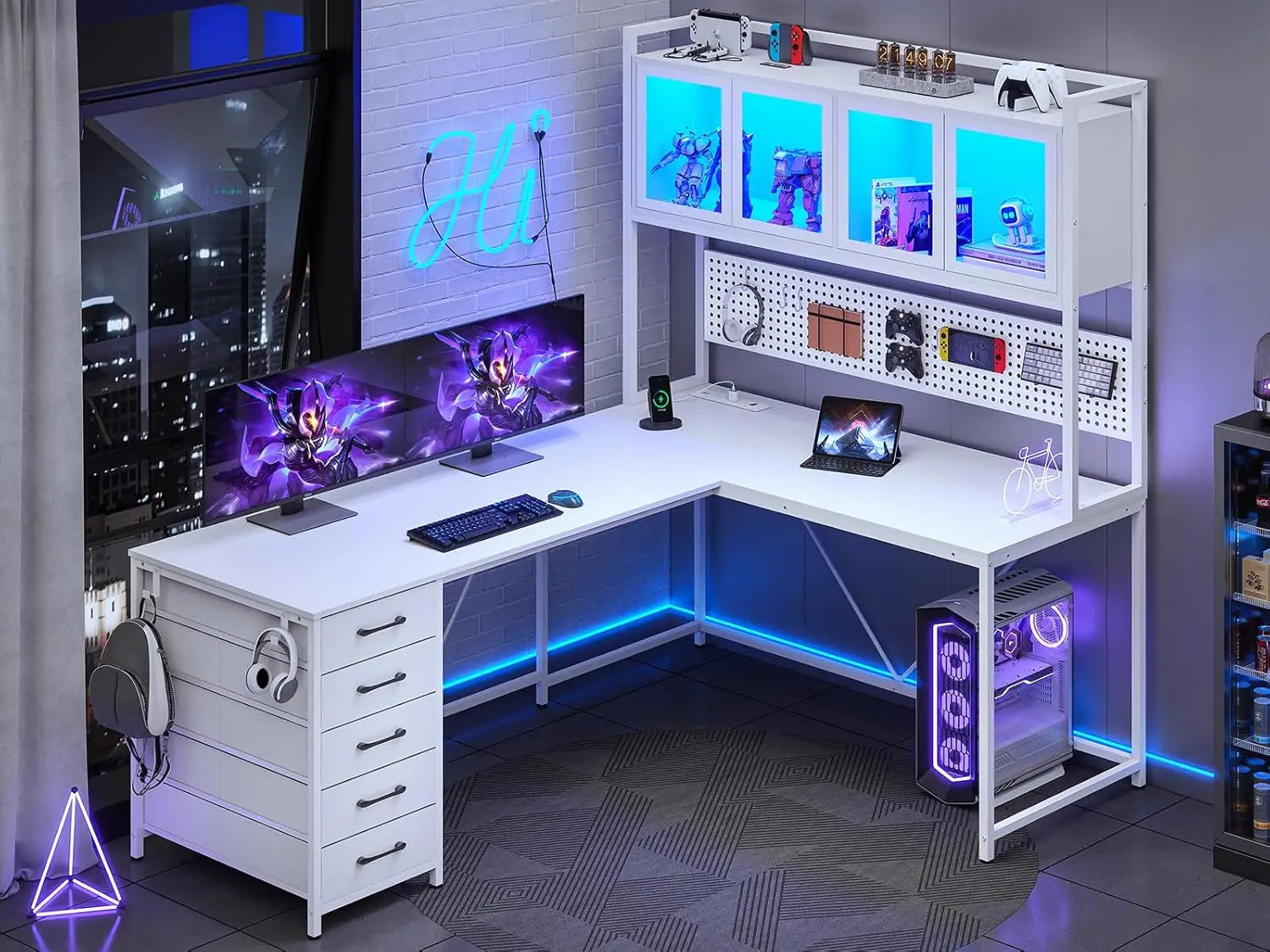 L Shaped Computer Desk with Hutch and Storage Shelves, Gaming Desk, Led Lights, and Power Outlet, Home Office Desk, Corner Desk