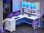 L Shaped Computer Desk with Hutch and Storage Shelves, Gaming Desk, Led Lights, and Power Outlet, Home Office Desk, Corner Desk