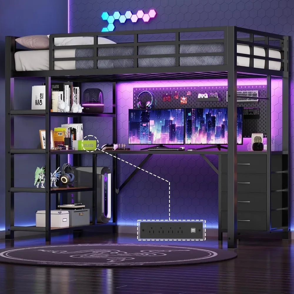 Loft Bed Twin Size with L Shape Desk,4 Drawers,3-Tier Storage Shelves Metal Loft Bed Frame with Power Outlet and LED Lighted,No