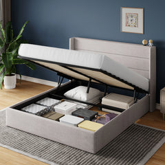 Lift Up Storage Bed with Wingback Headboard and Large Underneath Storage