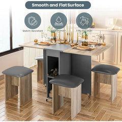 Folding Dining Table Set for 4, 4 Leather Chairs & Shelves – Foldable with 6 Wheels, Space-Saving Design