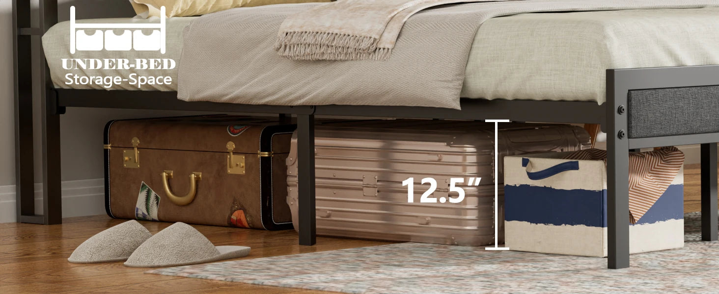 Queen Size Bed Frame with Headboard and LED Lights, Upholstered Bedframe with Charging Station and USB Port, Platform Metal