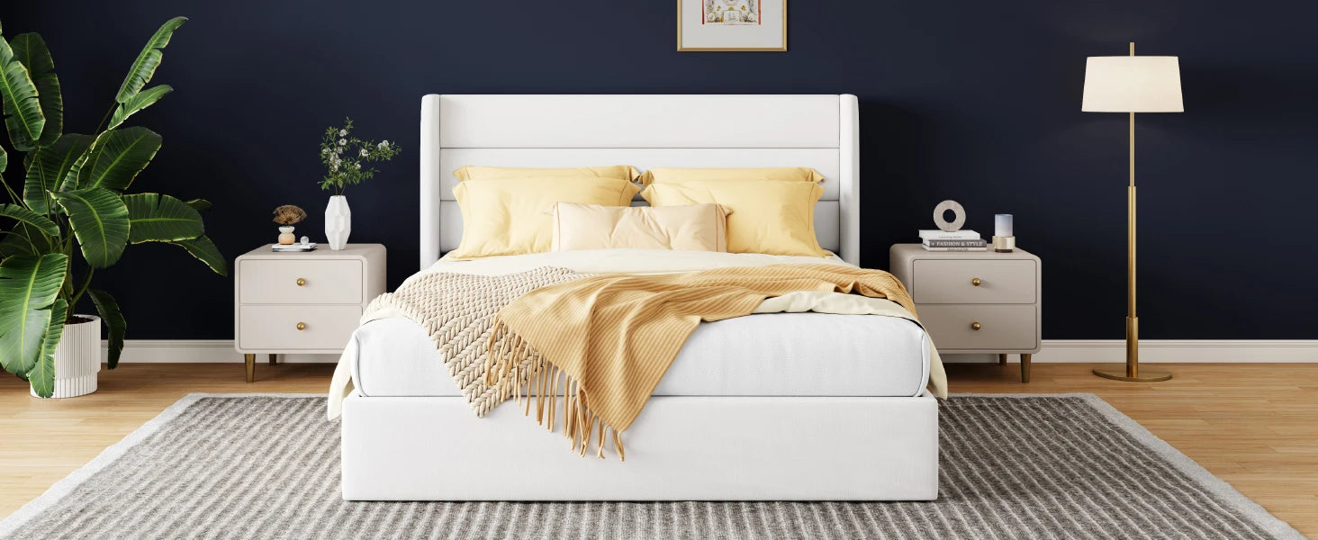 Lift Up Storage Bed with Wingback Headboard and Large Underneath Storage