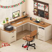 FurnishSpot SpaceSmart™ L-Shaped Executive Desk with Storage & Power – Farmhouse Style