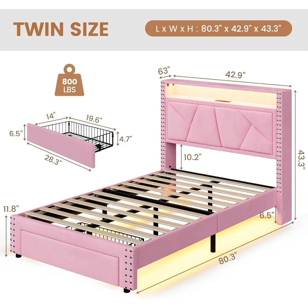 VIAGDO Pink Twin Bed Frames with LED Lights, Upholstered Platform Bed Frame Twin Size with Storage Headboard and Charging Statio