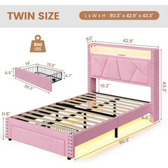 VIAGDO Pink Twin Bed Frames with LED Lights, Upholstered Platform Bed Frame Twin Size with Storage Headboard and Charging Statio