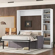 Full Murphy Bed with Storage Shelves, Drawers, LED Light, and Flexible Slats Support